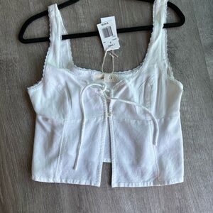 L*Space White Lace-Trim Tie-Front Crop Tank Top - NWT